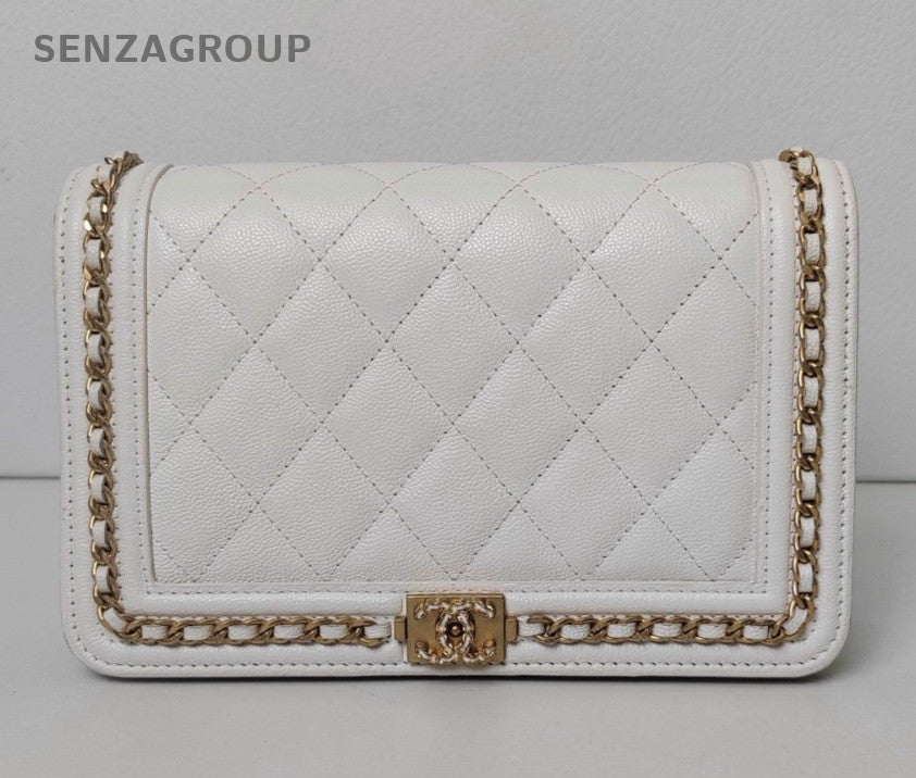 Chanel Leboy WOC Chain Shoulder Bag Crossbody White Gold Diamond Women Classic