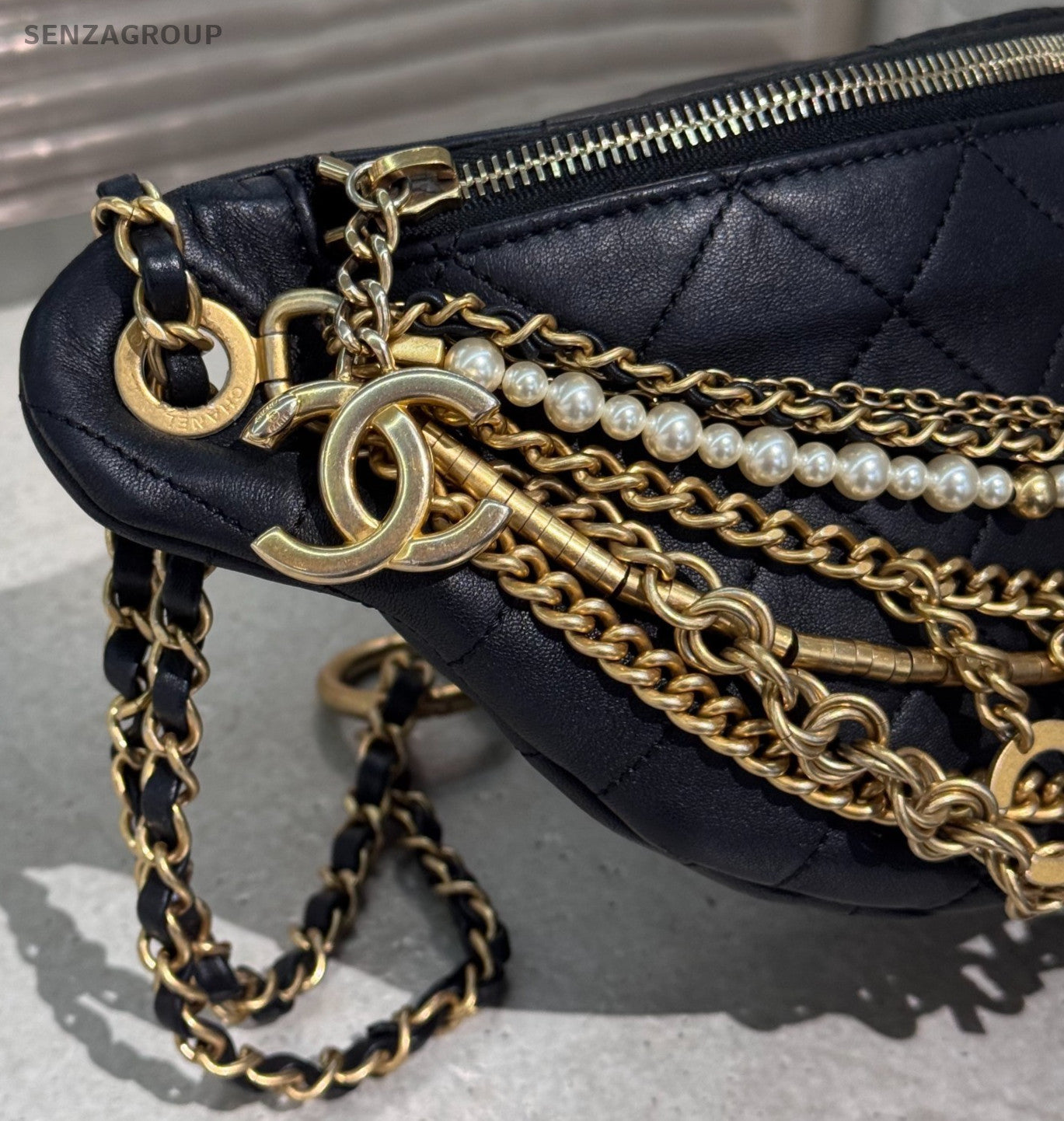 Chanel Egypt Pearl Waist Pouch Shoulder Bag Black Gold Used Women Classic