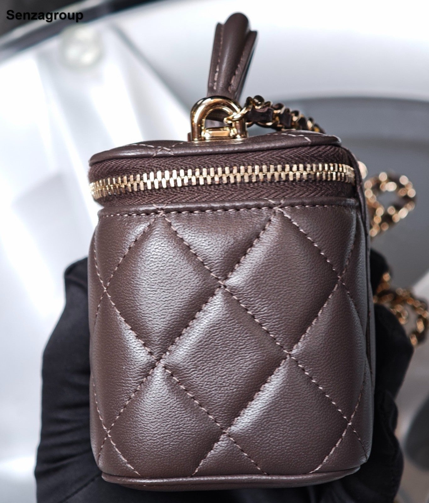 CHANEL Lambskin Chain Crossbody Top Handle Bag Dark Brown Gold Women Classic
