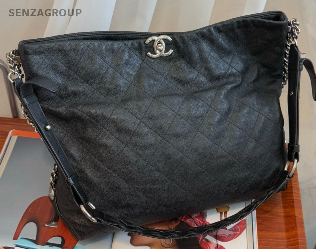Chanel Hobo PM Shoulder Bag Black Silver Women Classic Diamond Pattern