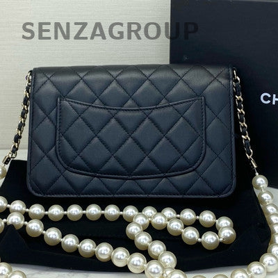 Chanel Quilted Black Silver Lambskin WOC Pearl Chain Crossbody Bag