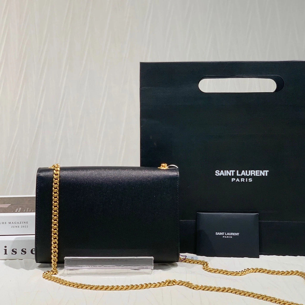 YSL Black Gold Leather Chain Shoulder Crossbody Bag For Women
