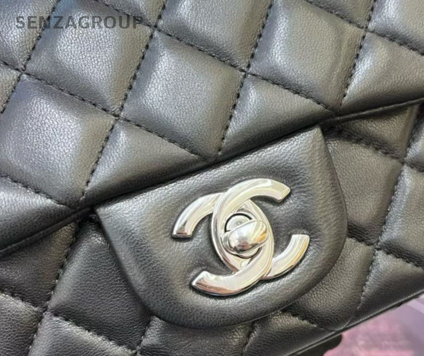 Chanel Classic Flap Mini Lambskin Chain Crossbody Shoulder Black Silver Women