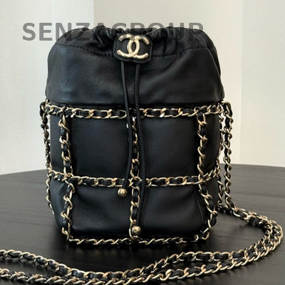 Chanel Black Silver Lambskin Drawstring Bucket Bag Chain Crossbody Women