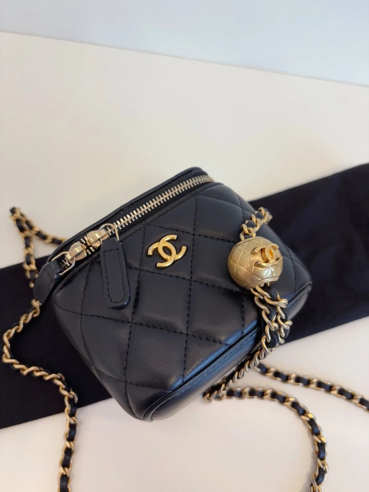 Authentic Chanel Black Vanity Case Diamond Crossbody Bag with Gold Ball Chain
