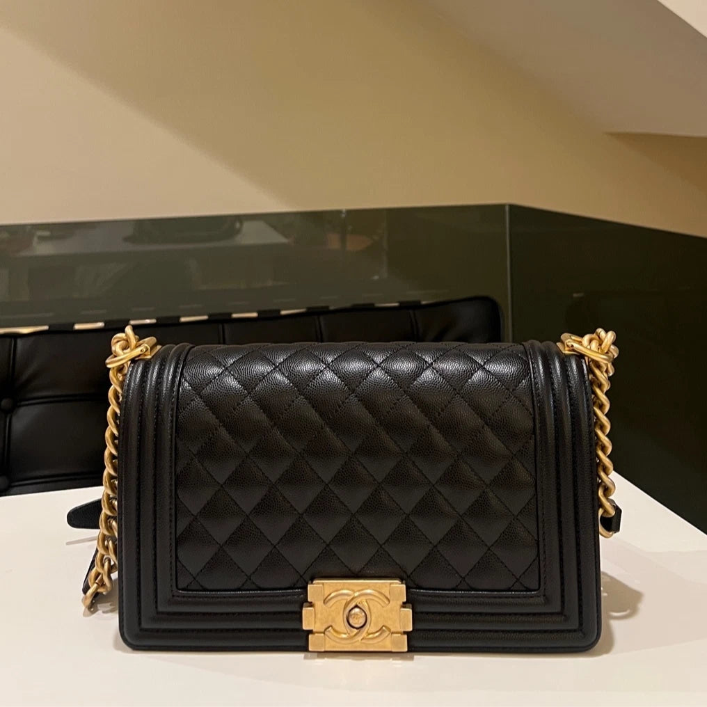 Authentic CHANEL Le Boy Medium Shoulder Bag Black with Gold Hardware