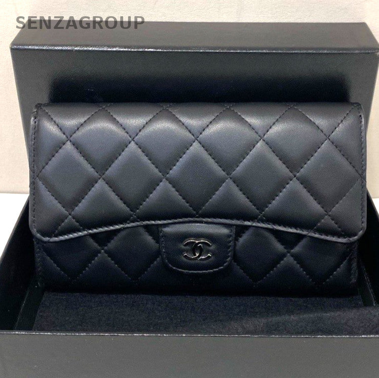 Chanel Diamond Long Wallet Clutch Black Silver Used Women Classic