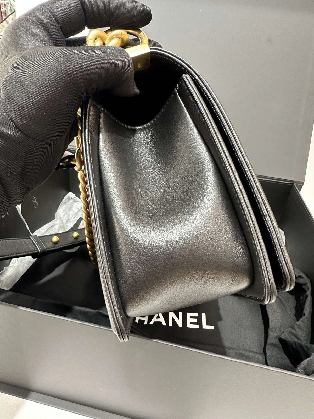 CHANEL Black Gold Calfskin Medium LeBoy Shoulder Crossbody Bag Women