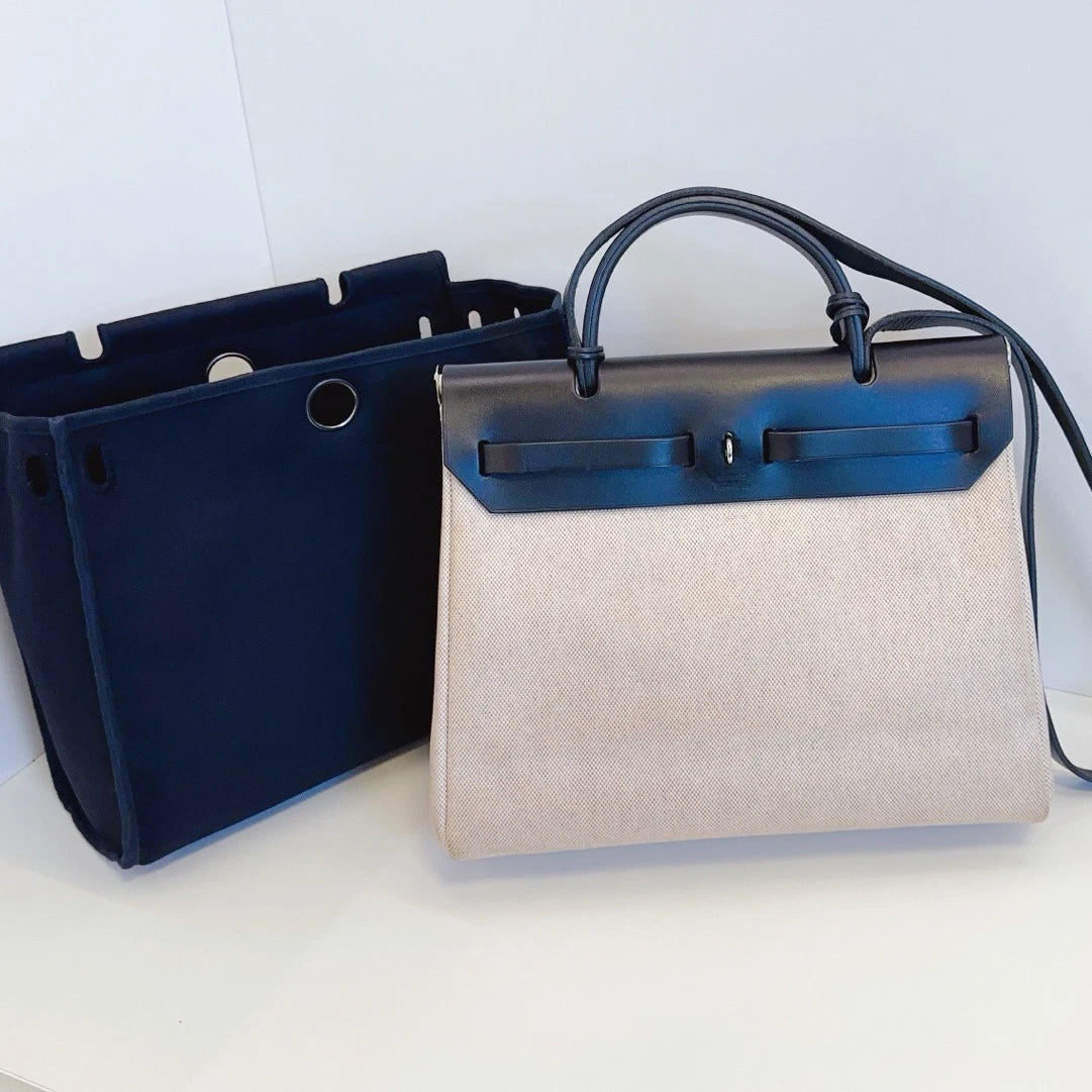 Hermes Herbag 31 Canvas Top Handle Shoulder Crossbody Bag White Black Women