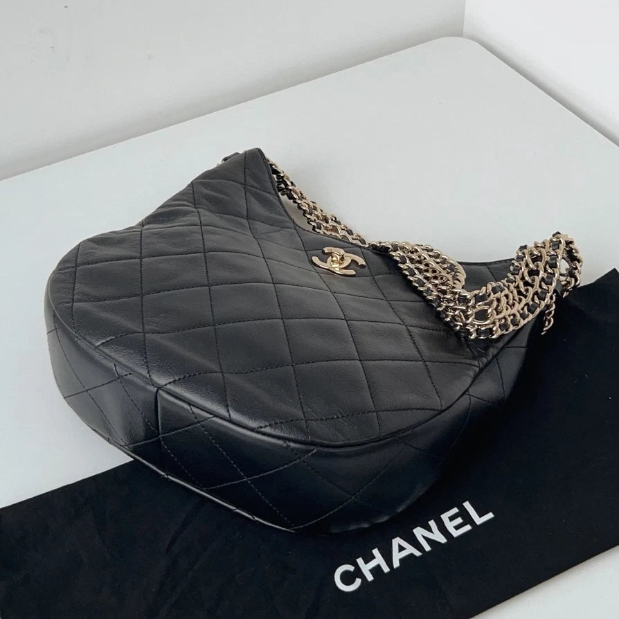 Chip Version Chanel Waterfall Gold Chain Hobo Black Diamond Shoulder Bag