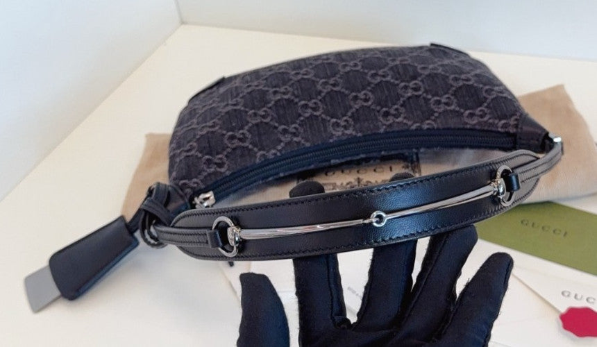 GUCCI Horsebit Slim Denim Black Monogram Shoulder Handbag  Women