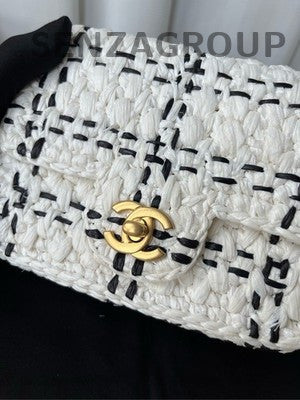 Chanel CF Black White Raffia Chain Shoulder Crossbody Bag Women