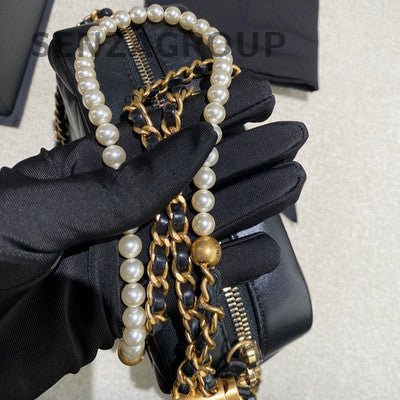 Chanel Quilted Caviar Camera Bag with Pearl Chain Black Gold Crossbody