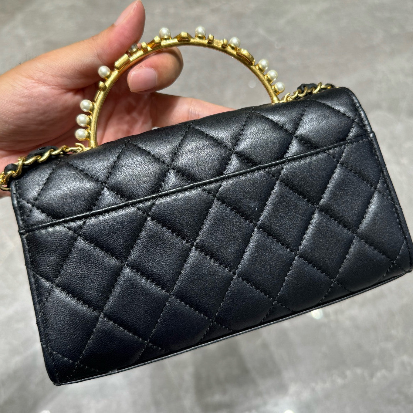 Chanel Quilted Black Gold Pearl Handle Kelly Bag for Women