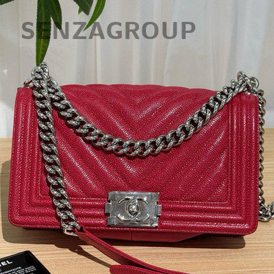 Chanel Red Silver Medium Le Boy Chain Shoulder Crossbody Bag