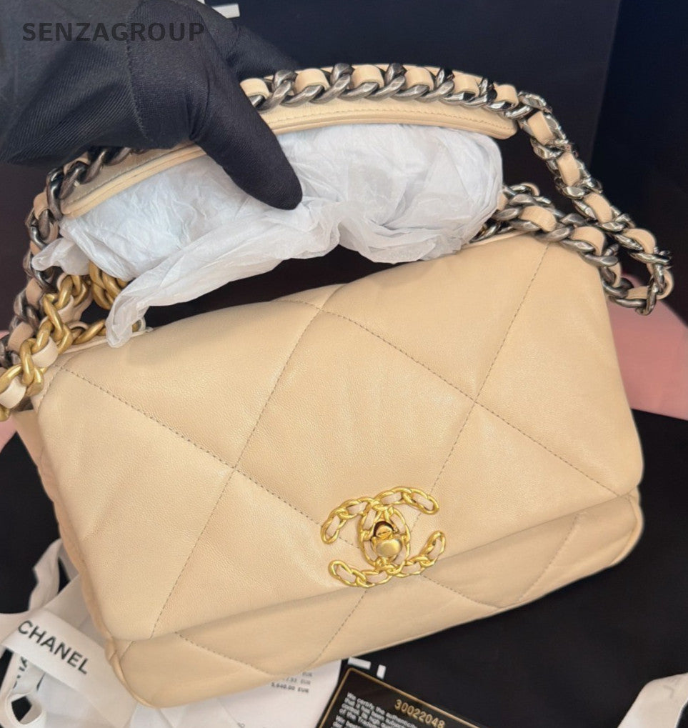 Chanel 19Bag Diamond PM Chain Shoulder Bag Beige Gold Women Classic Fashion