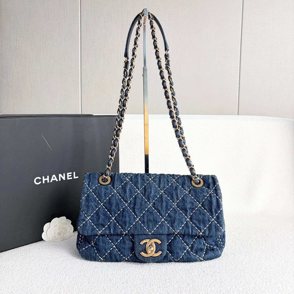Chanel Classic Flap Denim Chain Shoulder Bag Crossbody Blue Gold Women Diamond