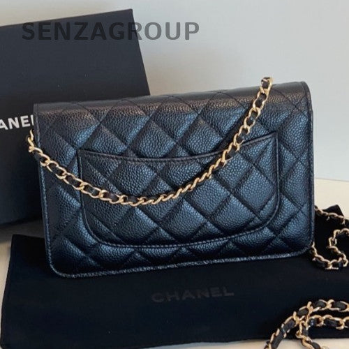 Chanel WOC Chain 2Way Shoulder Bag Crossbody Black Gold Diamond Women Classic