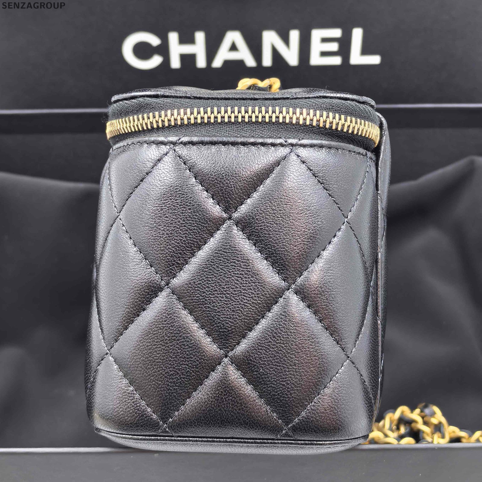 Chanel Classic Black Gold Quilted Chain Cosmetic Crossbody Bag