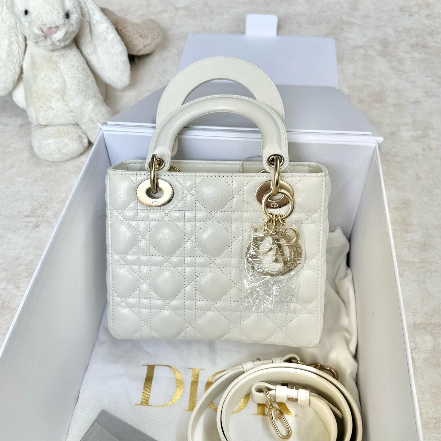 Dior White Leather 4-Grid Lady Dior Top Handle Bag For Women