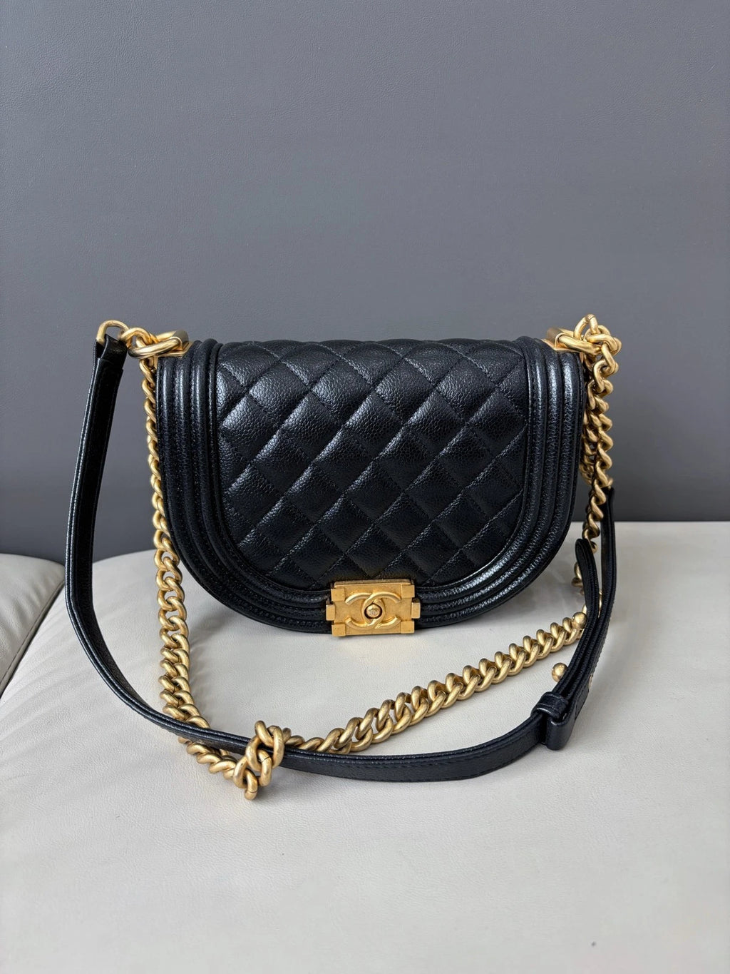 Chanel Le Boy Crossbody Shoulder Bag Black Gold Women Classic