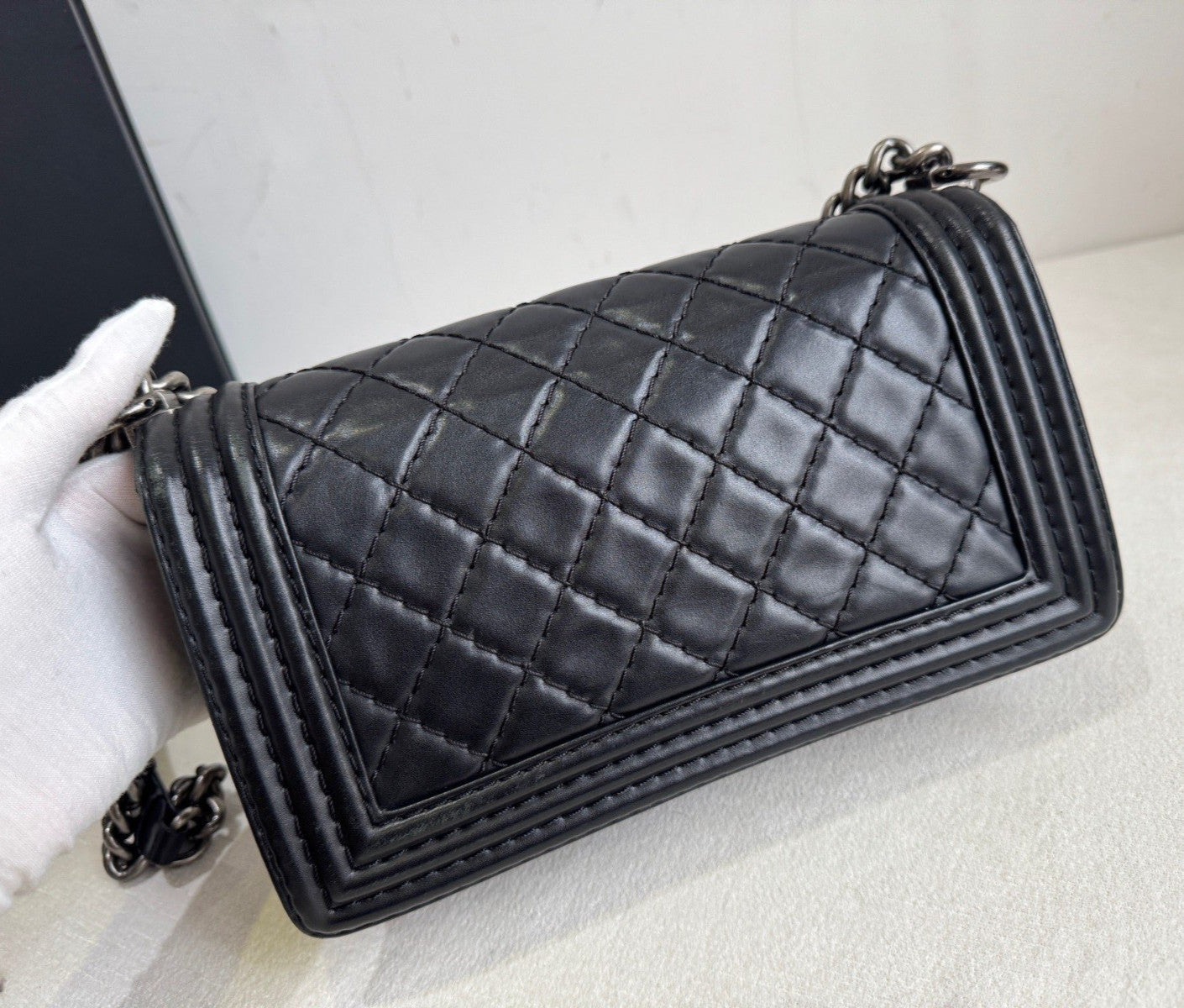 Chanel Leboy MM Chain Shoulder Bag Crossbody Black Silver Women Classic Diamond