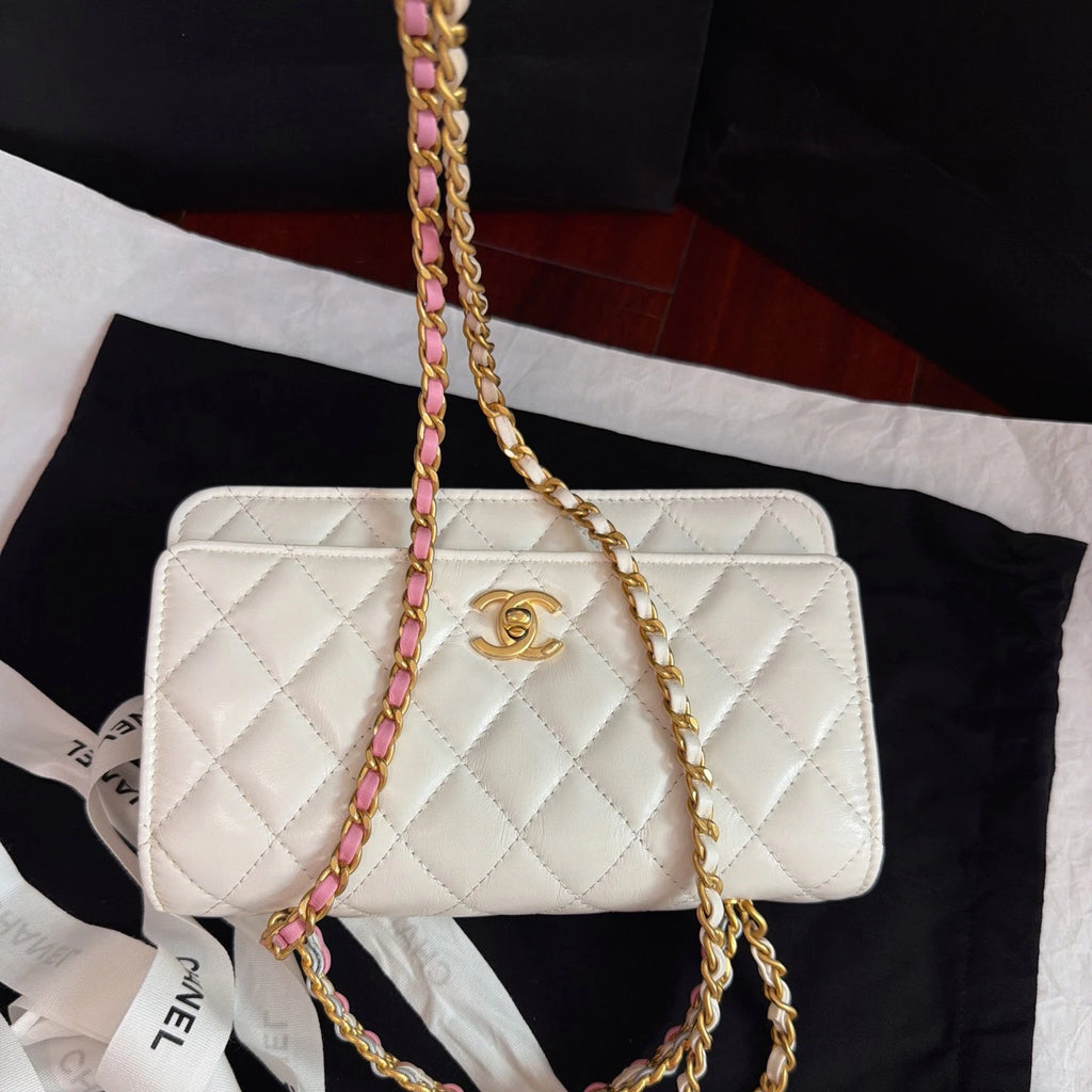 New Chanel WOC Rainbow Chain White Diamond Handbag Crossbody Chip Version