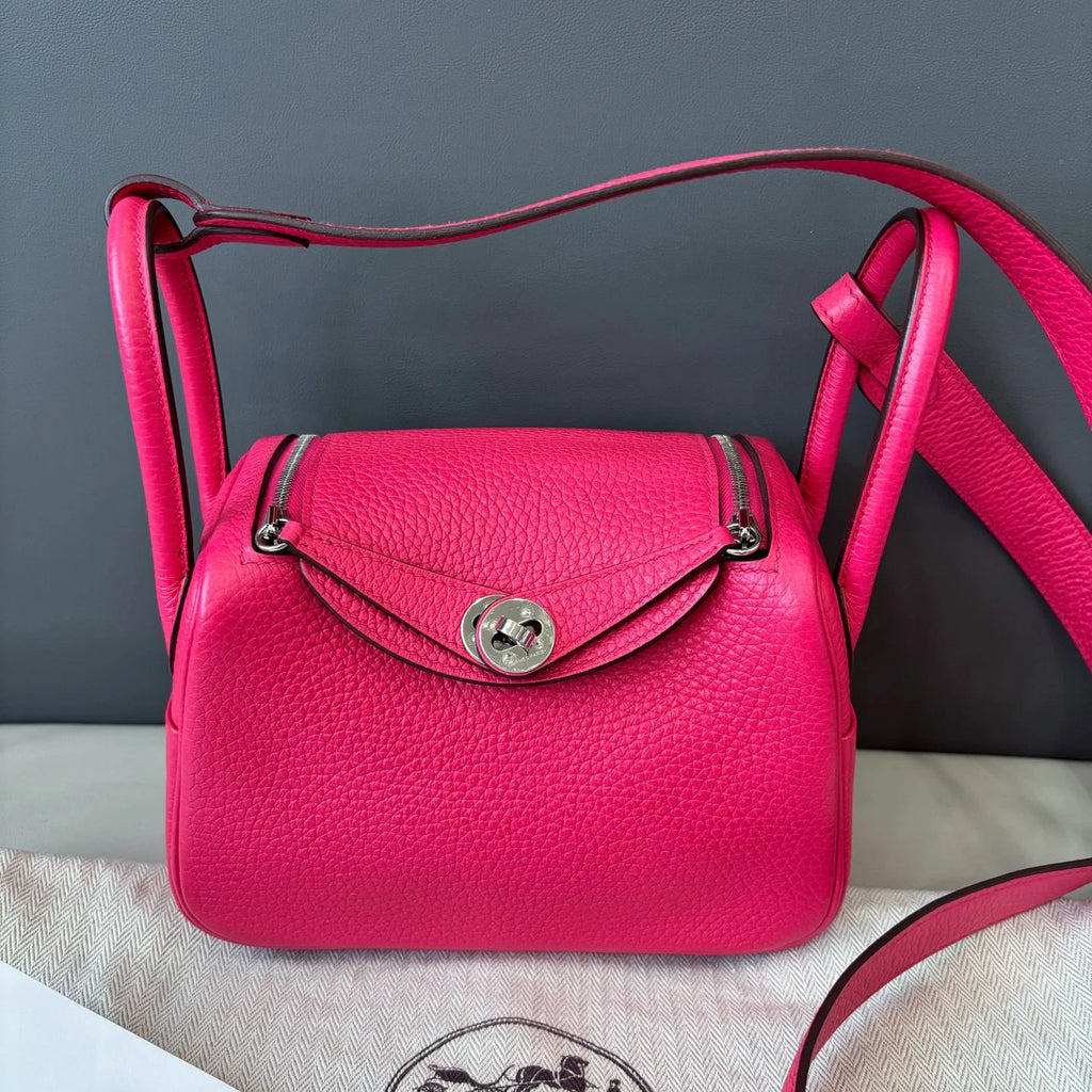Hermes Lindy Mini TC Leather Top Handle Shoulder Bag Pink Silver Women Classic