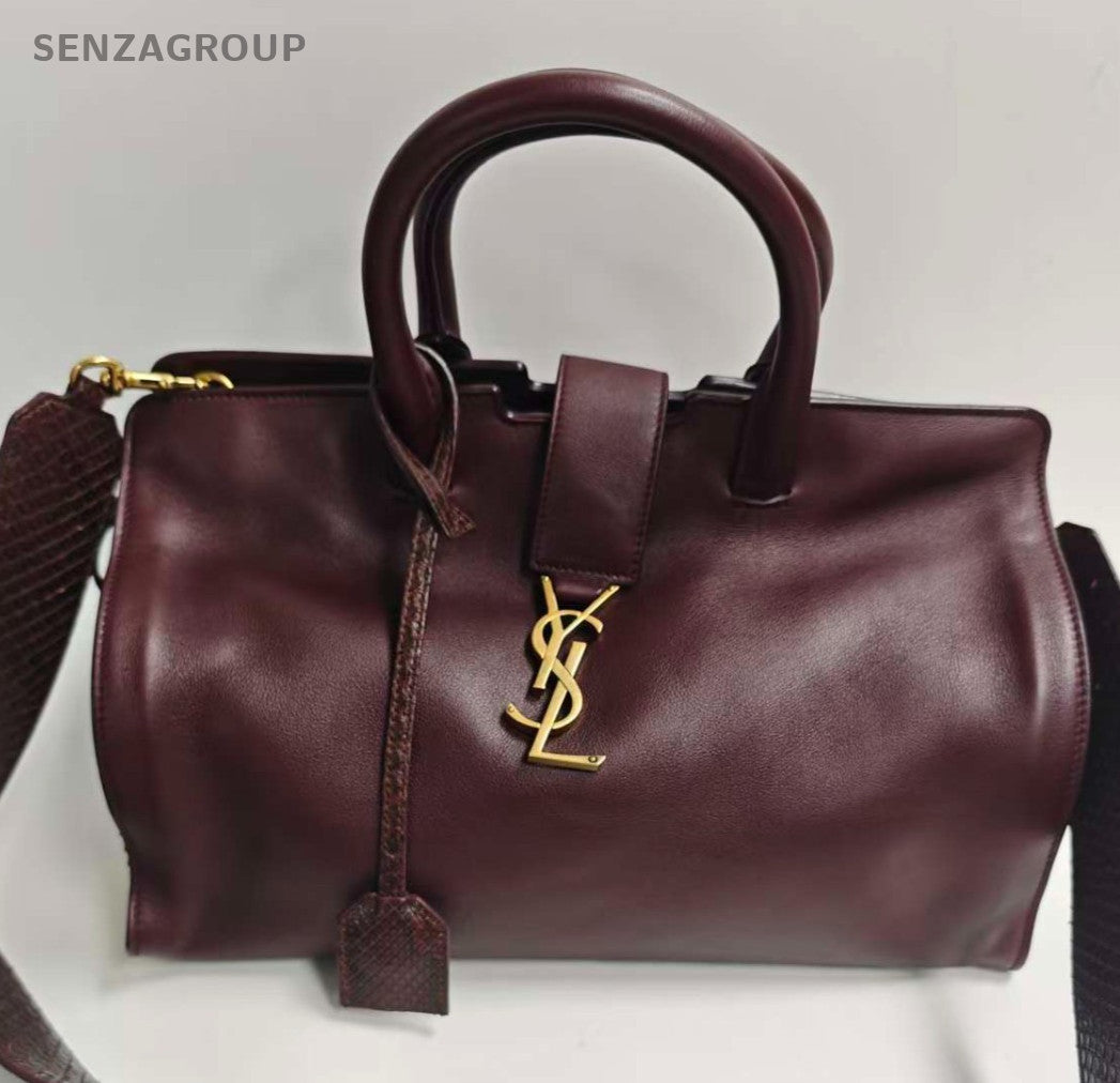Saint Laurent Snakeskin 2Way Top Handle Bag Crossbody Red Gold Women Classic
