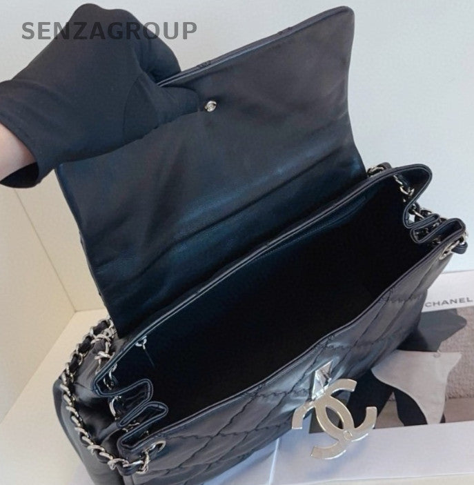 Chanel Diamond Chain Calfskin Shoulder Bag Black Silver Women Classic Fashion