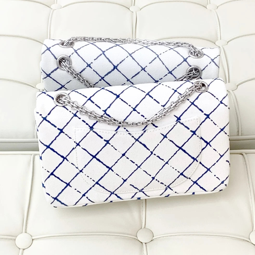 Chanel Denim Chain Diamond Shoulder Crossbody Bag White Silver Women S