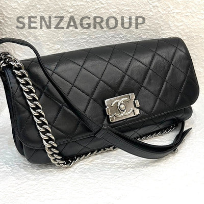 Chanel Le Boy Black Silver Chain Shoulder Bag Classic Quilted