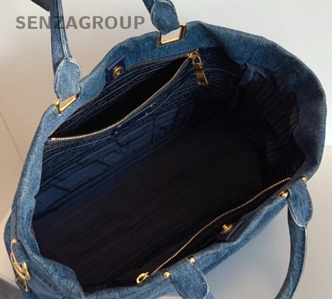 Prada Denim Tote 2Way Top Handle Bag Shoulder Bag Blue Gold Women Classic