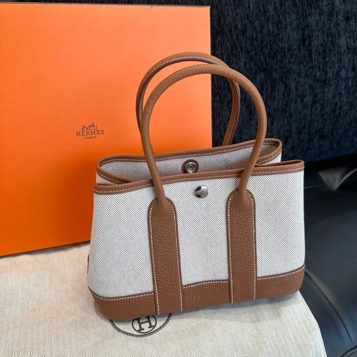 Hermes Garden Party Canvas Mini Top Handle Bag Brown Silver Women Classic D