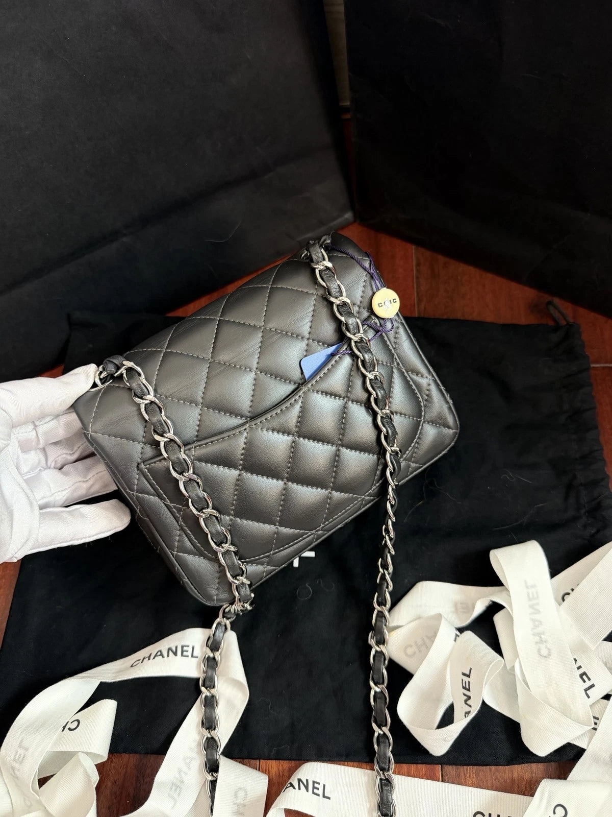 CHANEL Classic Flap Mini Square Crossbody Bag Women's Metallic Grey Quilted