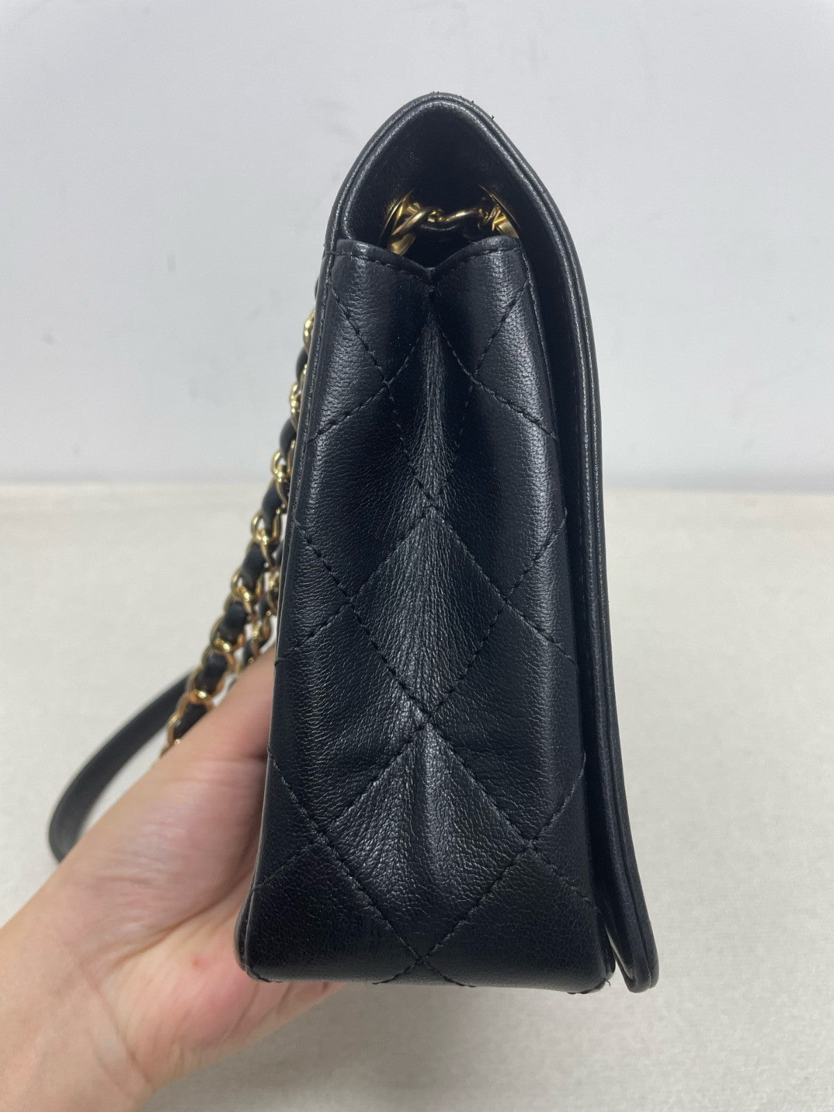 Chanel Classic Flap GM Chain Shoulder Bag Crossbody Black Gold Women Diamond