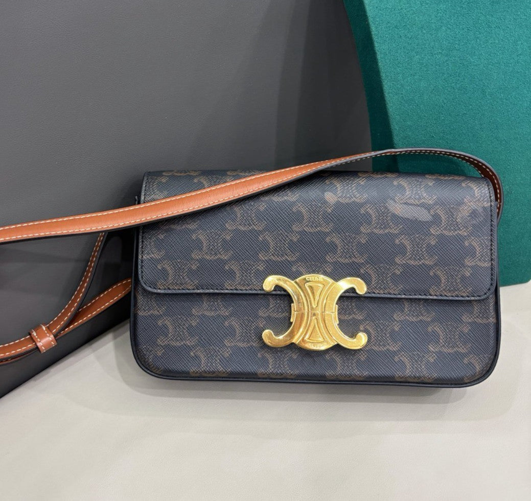 Celine Triomphe Canvas Shoulder Bag Black Brown Gold Women Classic Fashion