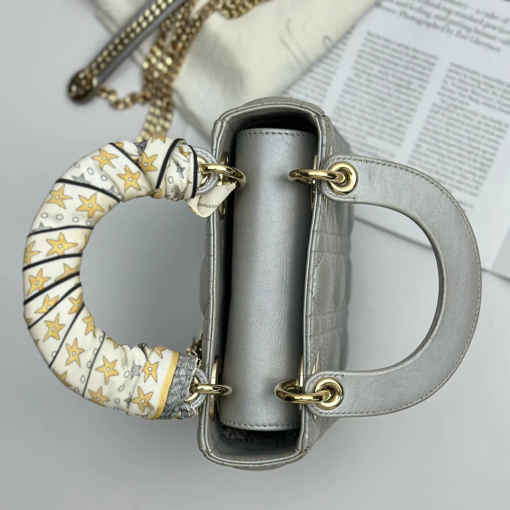 Christian Dior Lady Dior Cannage Gray Handbag Gold Chain Crossbody with Dust Bag