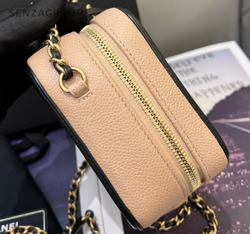 Chanel Vanity Case PM Calfskin Chain Shoulder Bag Crossbody Beige Black Women