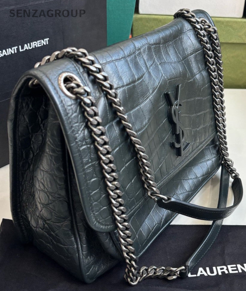 YSL Saint Laurent Niki MM Alligator pattern Chain Shoulder bag Women Dark Green