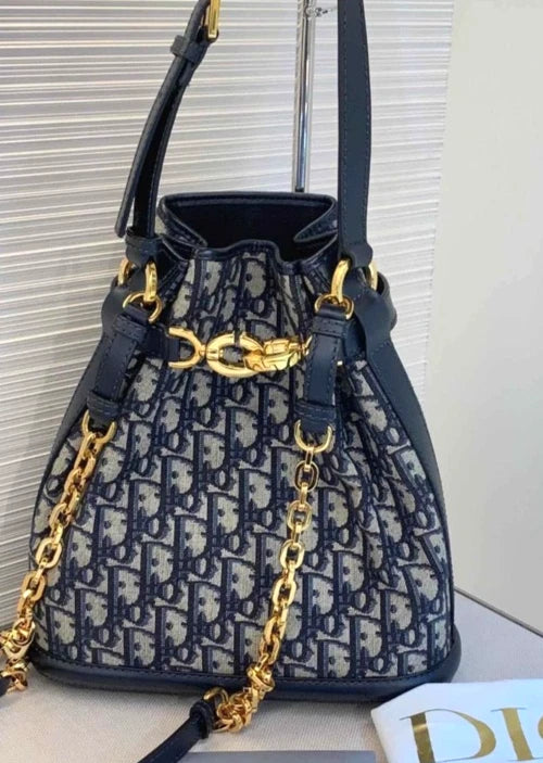 Christian Dior Monogram Blue Gold Drawstring bucket shoulder Bag with DUST Bag - Pre-Owned