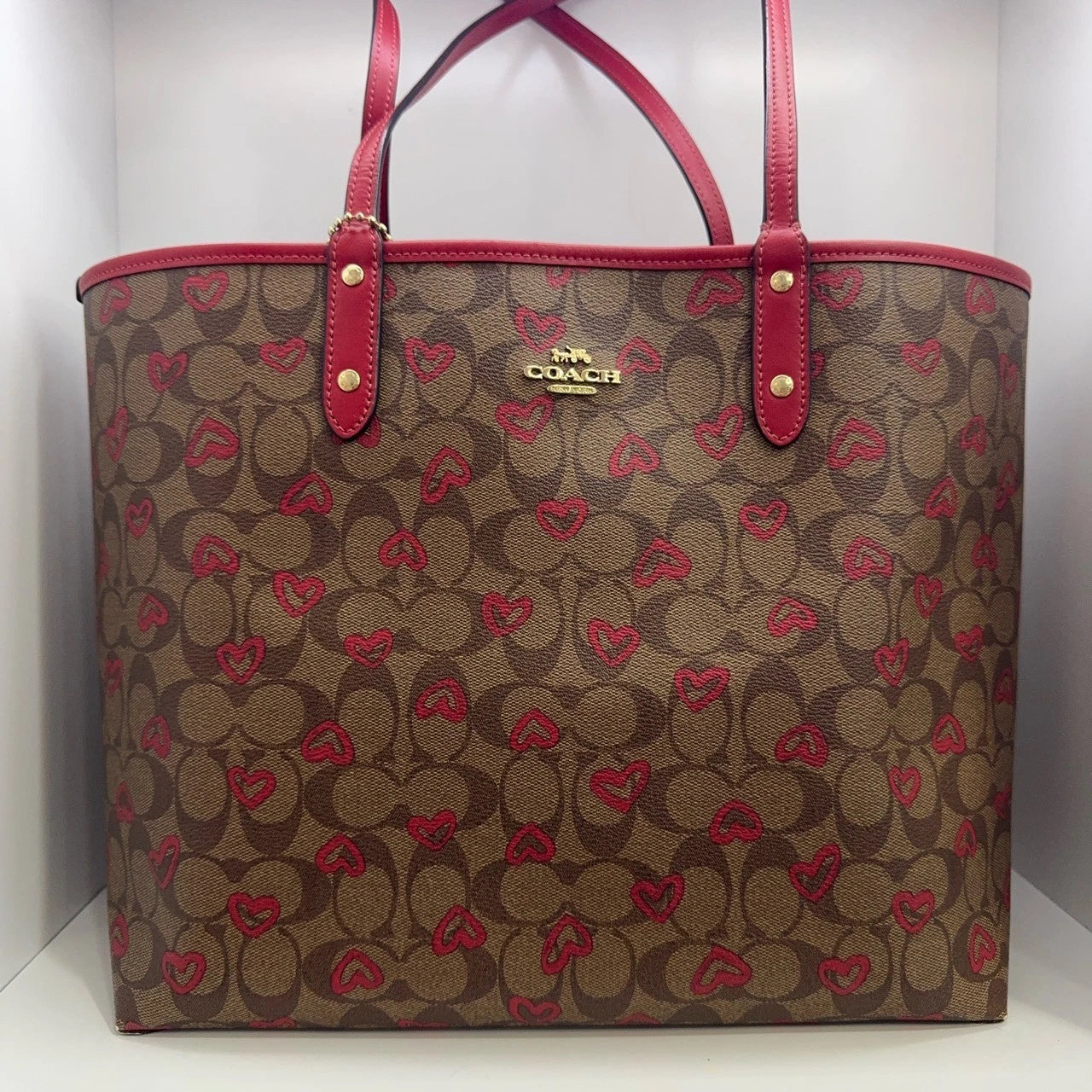 Coach City 33 Reversible Heart Print Canvas Tote Handbag For Women