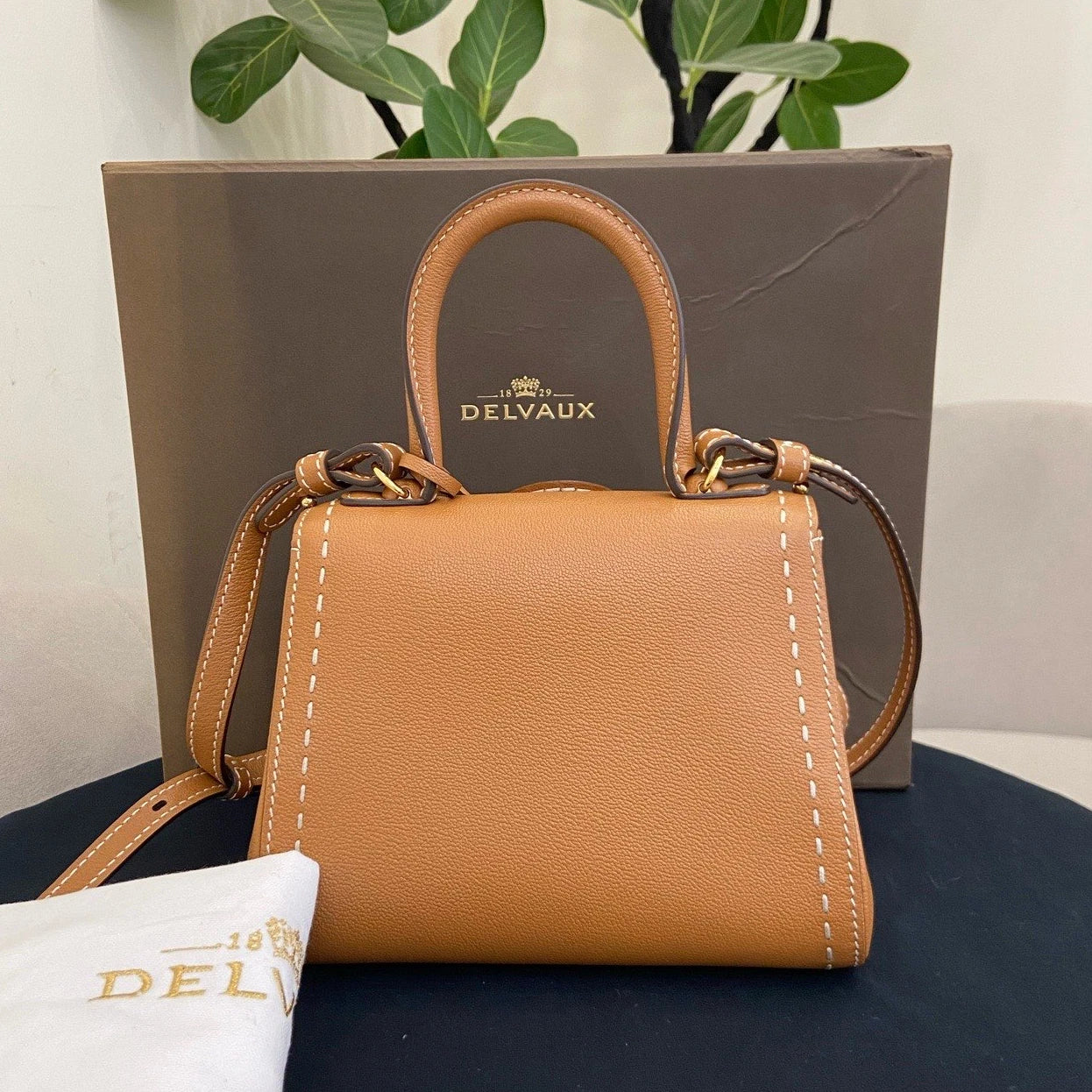 Delvaux Brilliant Mini Top Handle Bag Crossbody Brown Gold Women Classic