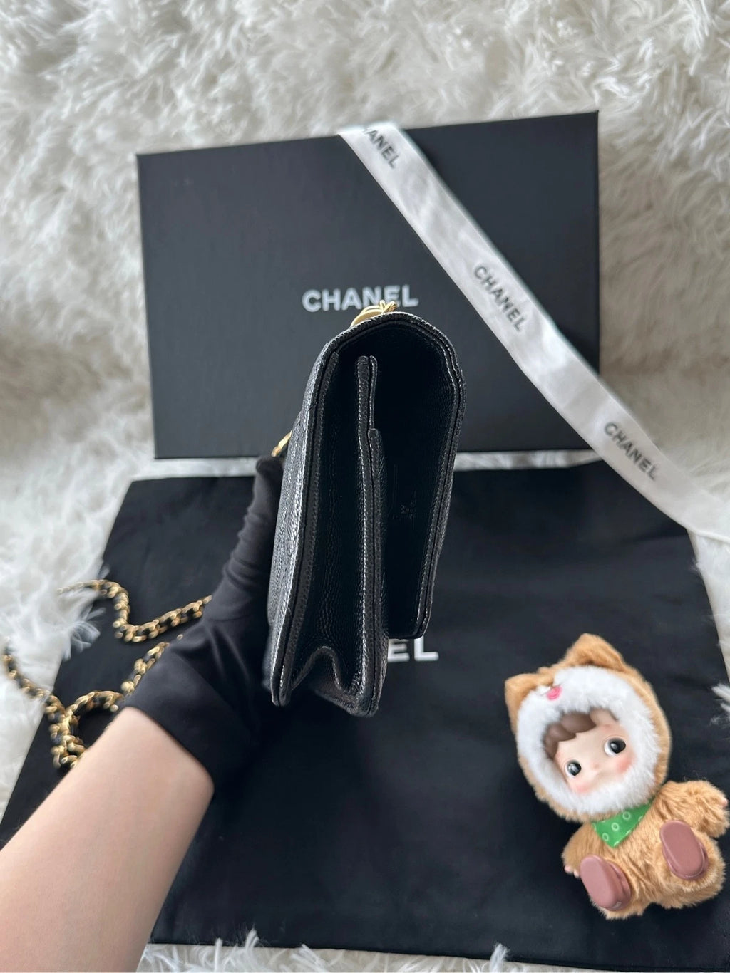 CHANEL Black Leather WOC Shoulder Handbag Crossbody For Women