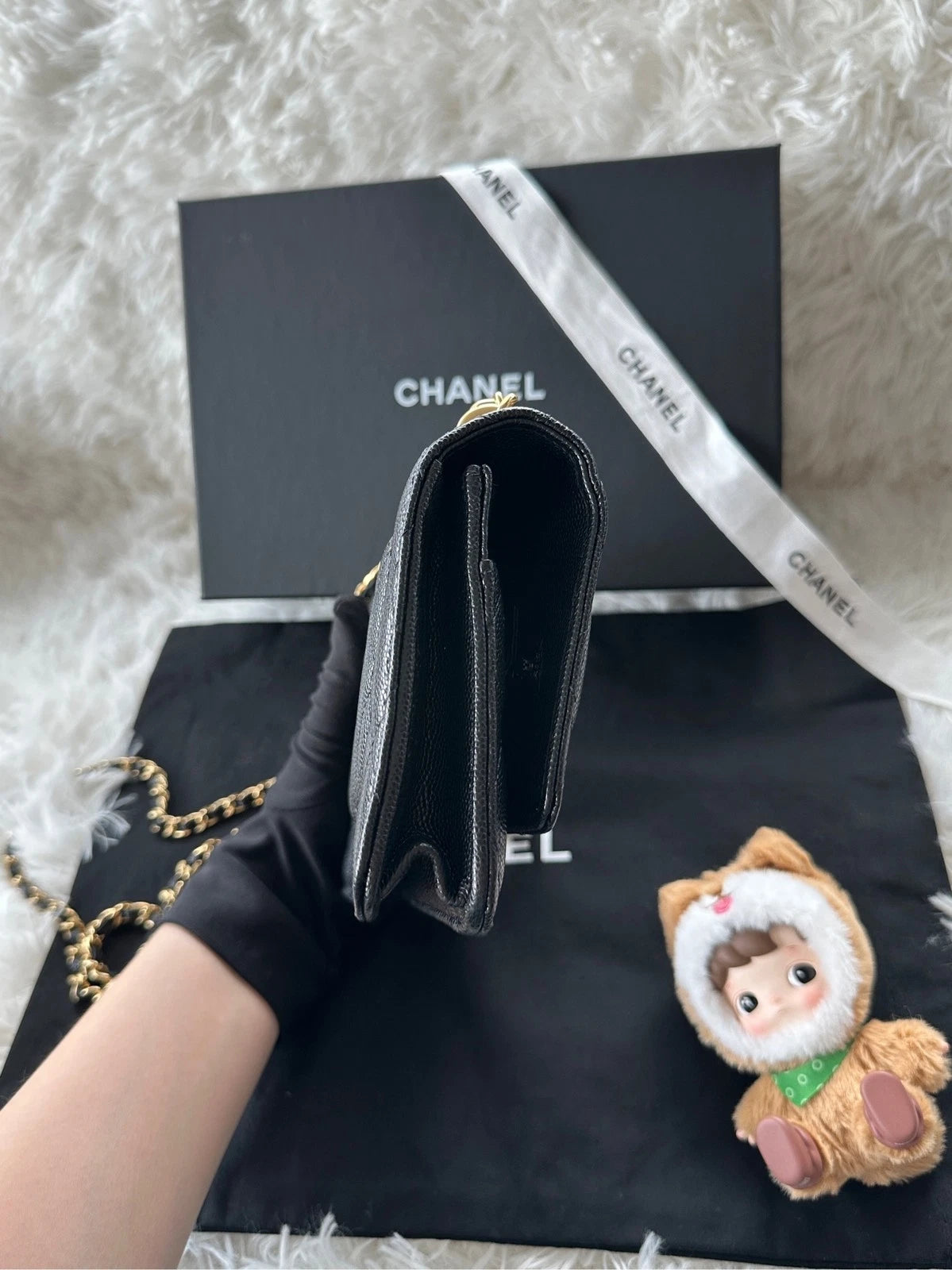 CHANEL Black Leather WOC Shoulder Handbag Crossbody For Women