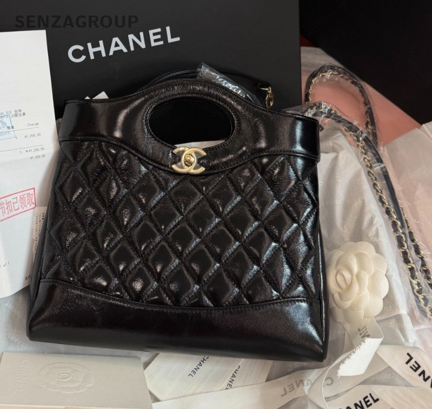 Chanel 31Bag Lambskin PM Top Handle Shoulder Crossbody Black Gold Women Classic
