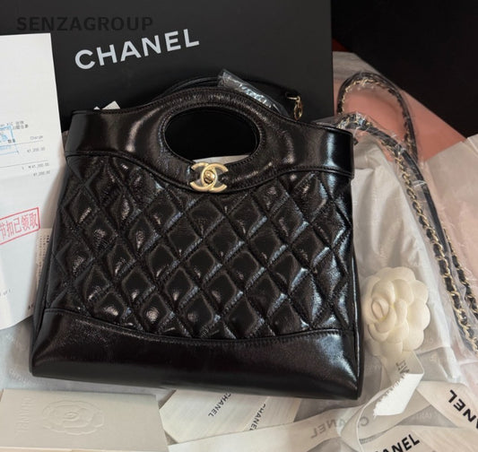 Chanel 31Bag Lambskin PM Top Handle Shoulder Crossbody Black Gold Women Classic