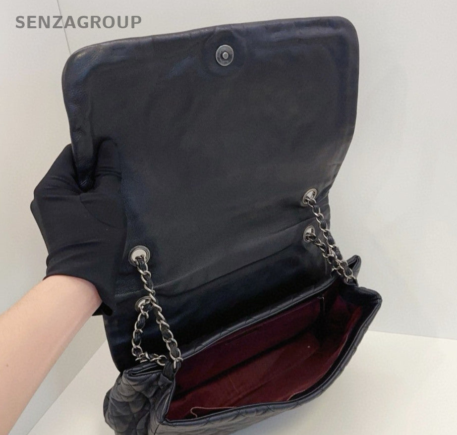 Chanel Calfskin Chain Shoulder Bag Black Silver Used Women Classic Diamond