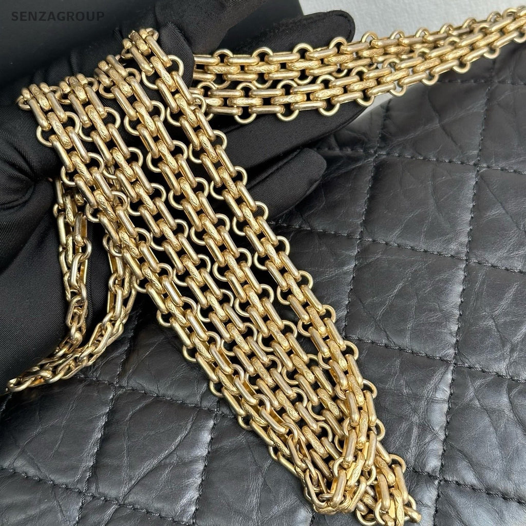 Chanel Calfskin GM Chain Shoulder Bag Black Gold Women Classic Diamond