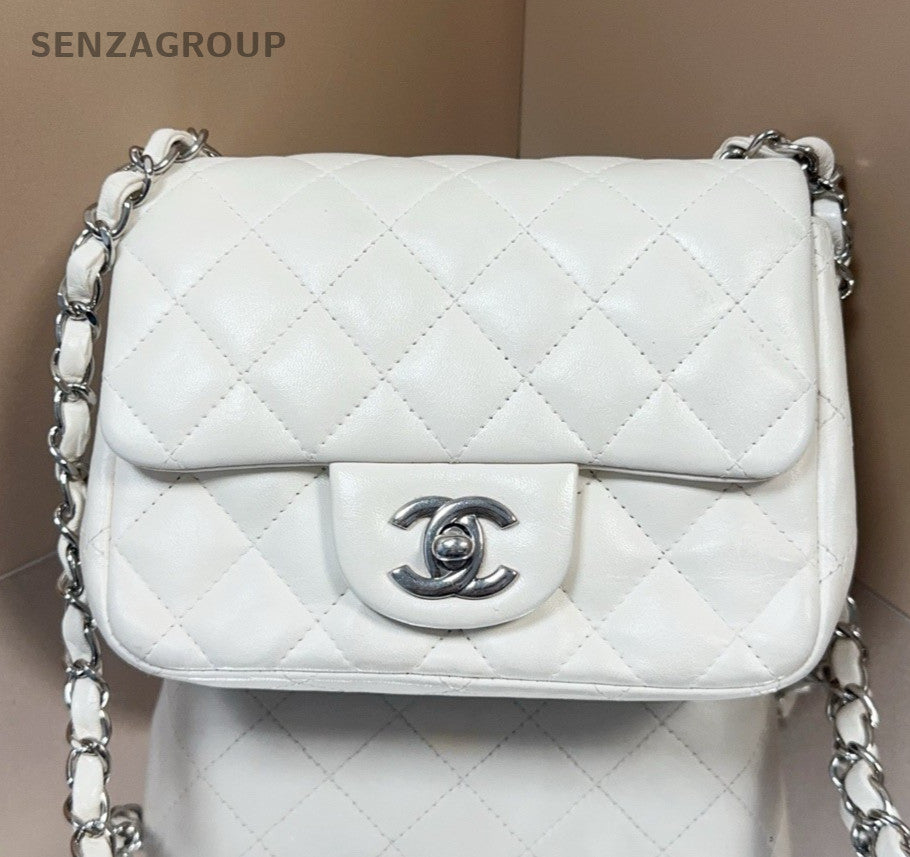 Chanel Classic Flap Lambskin Chain Shoulder Bag Crossbody White Silver Women